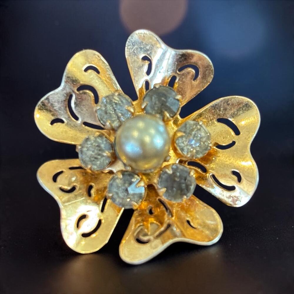 Golden Heart Petal Flower Brooch Rhinestone Faux Pearl Vintage Romantic Pin